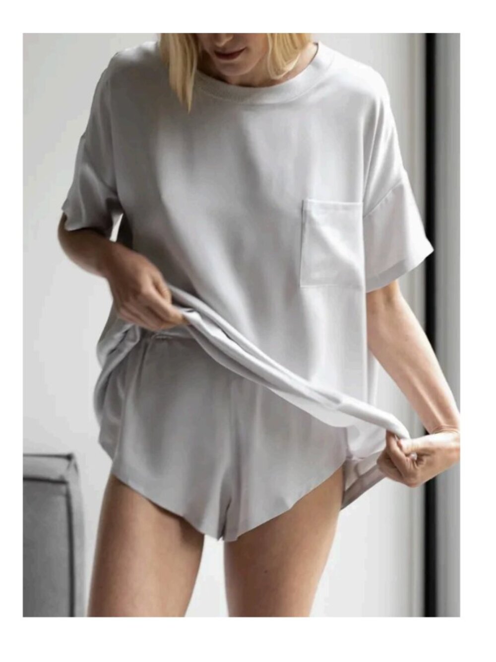 Lunya Washable Silk T-Shirt & Shorts Set Size in Light Silver Grey Size XS